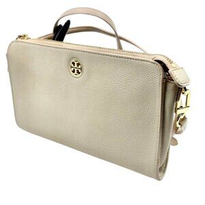 TORY BURCH~Robinson~PINK GRAY PEBBLED LEATHER WALLET ZIP TOP CROSSBODY BAG